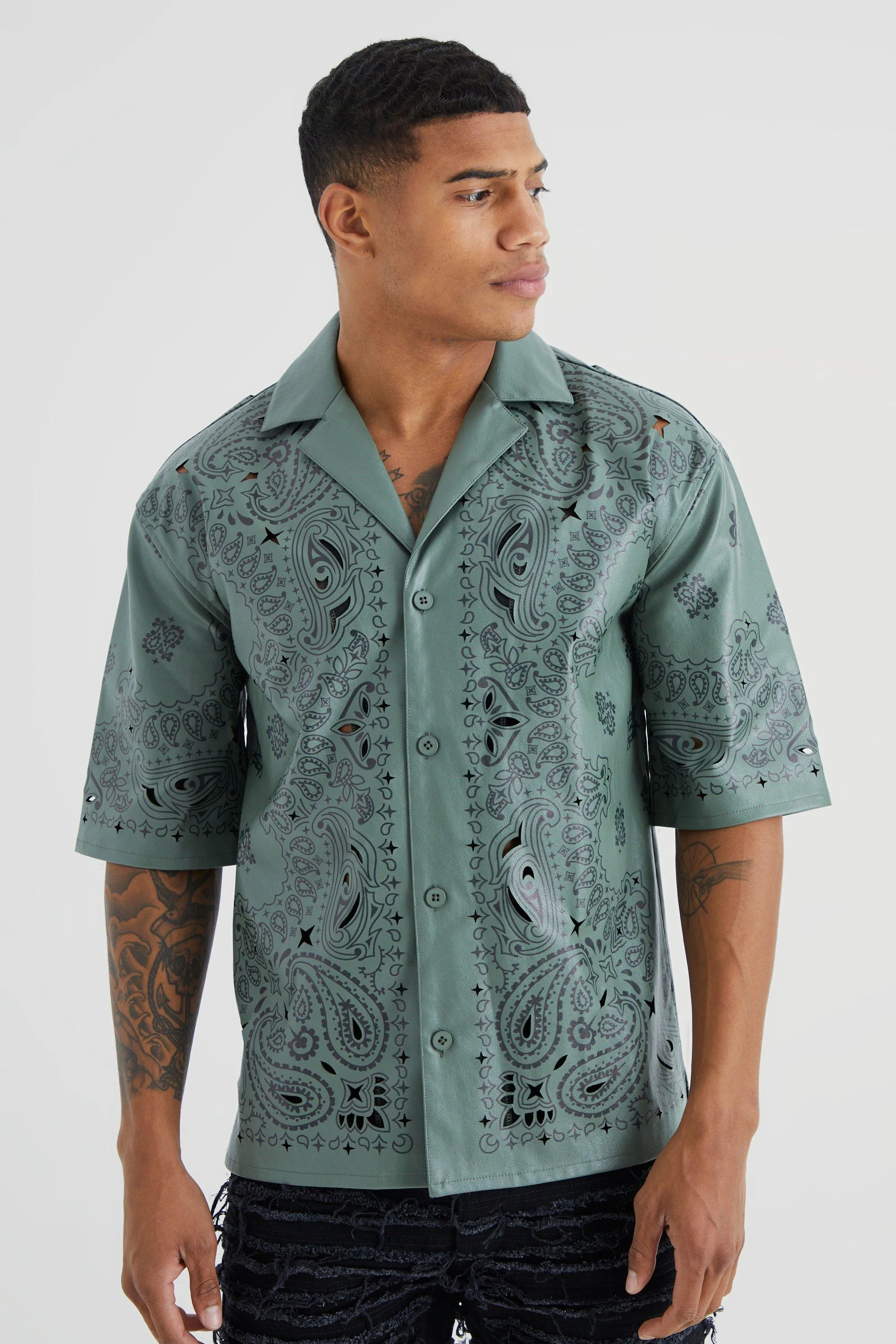 Dropped Revere Pu Printed Bandana Shirt | boohooMAN UK