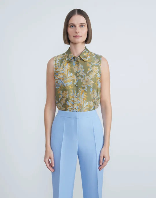 LAFAYETTE 148 Floral Frost Toile Texture Silk Sleeveless Blouse