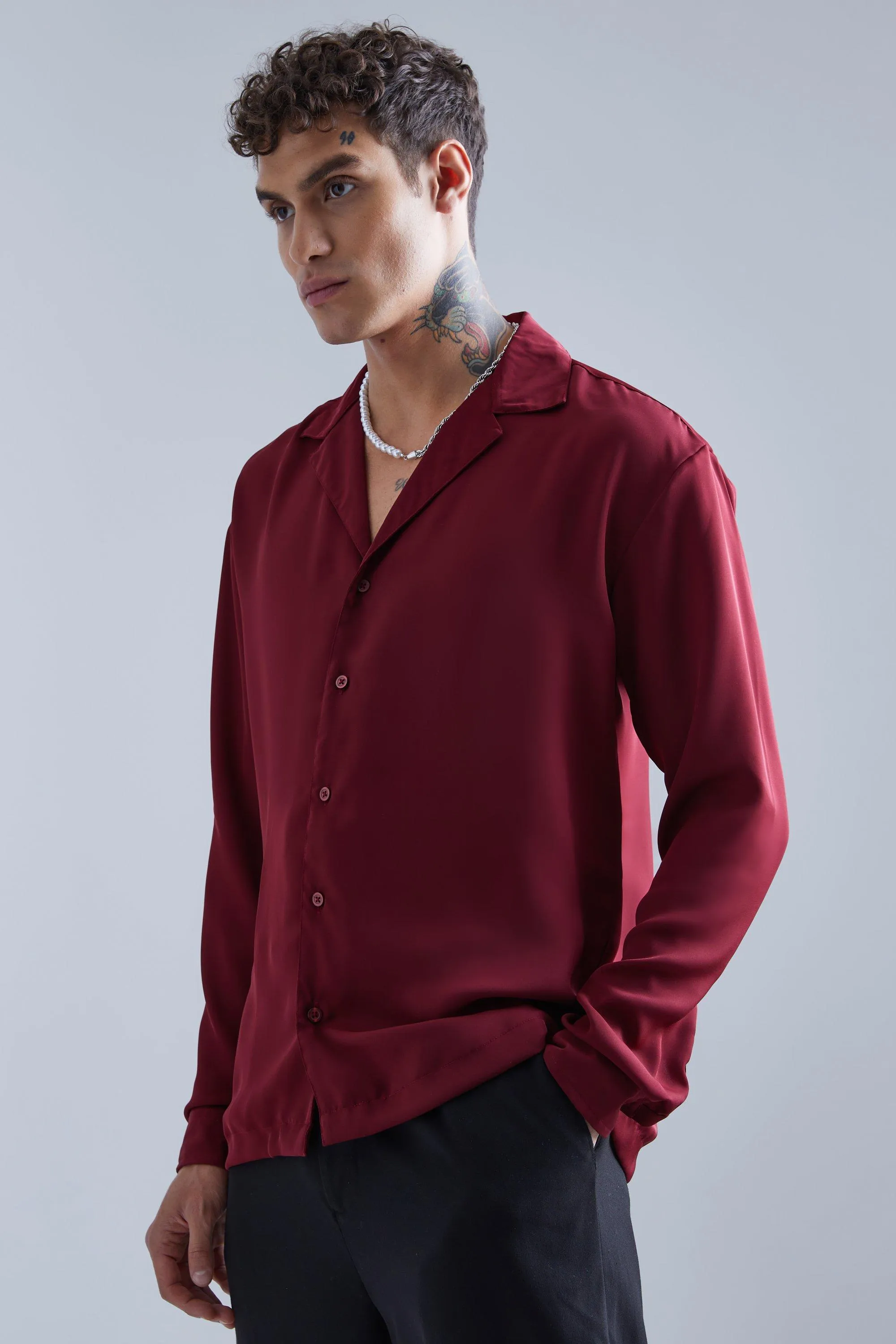 Long Sleeve Drop Revere Sateen Look Shirt | boohooMAN UK