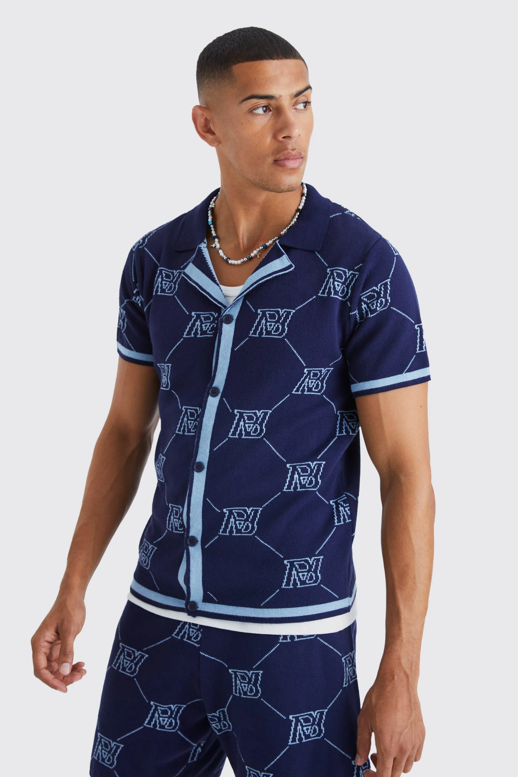 Monogram Knitted Revere Shirt | boohooMAN UK