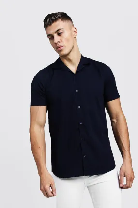 Muscle Fit Revere Collar Short Sleeve Shirt | boohooMAN UK