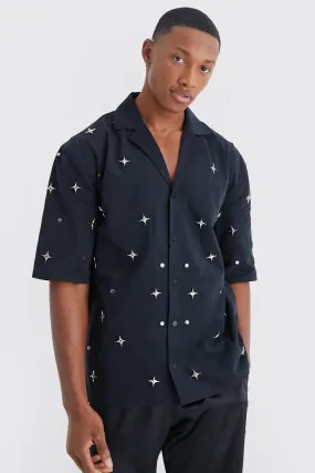 Peached Popin Embellished Dropped Revere Shirt | boohooMAN UK