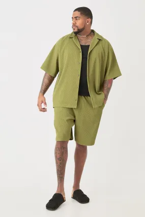 Plus Drop Revere Pleated Shirt & Short Set In Khaki | boohooMAN UK