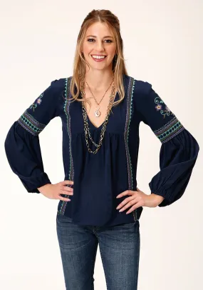 Roper Womens Blue Polyester V-Neck Peasant L/S Blouse S