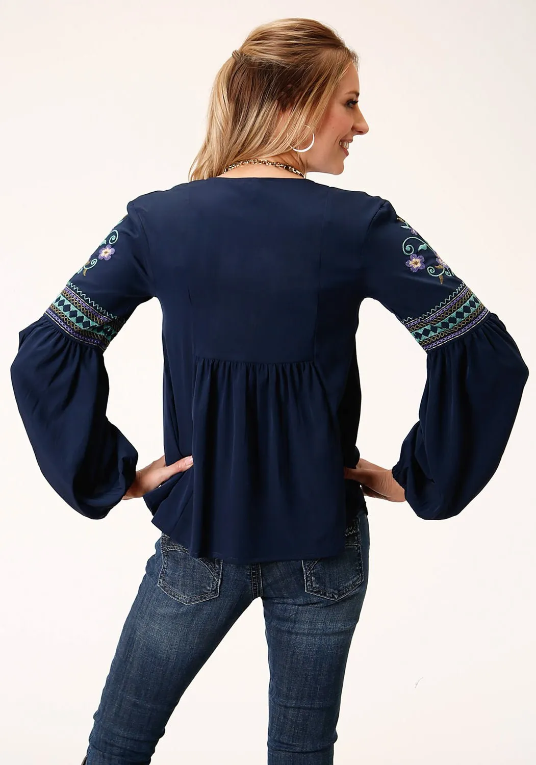 Roper Womens Blue Polyester V-Neck Peasant L/S Blouse S