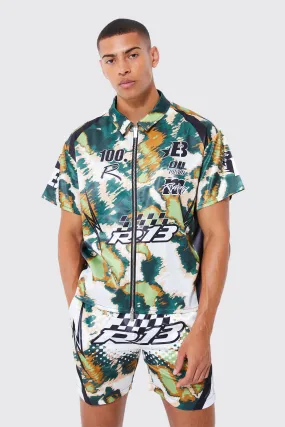 Short Sleeve Boxy Revere Camo Satin Shirt & Short Set | boohooMAN UK