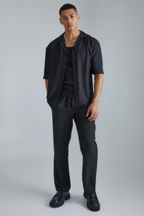 Short Sleeve Drop Revere Satin Shirt And Trouser Set | boohooMAN UK