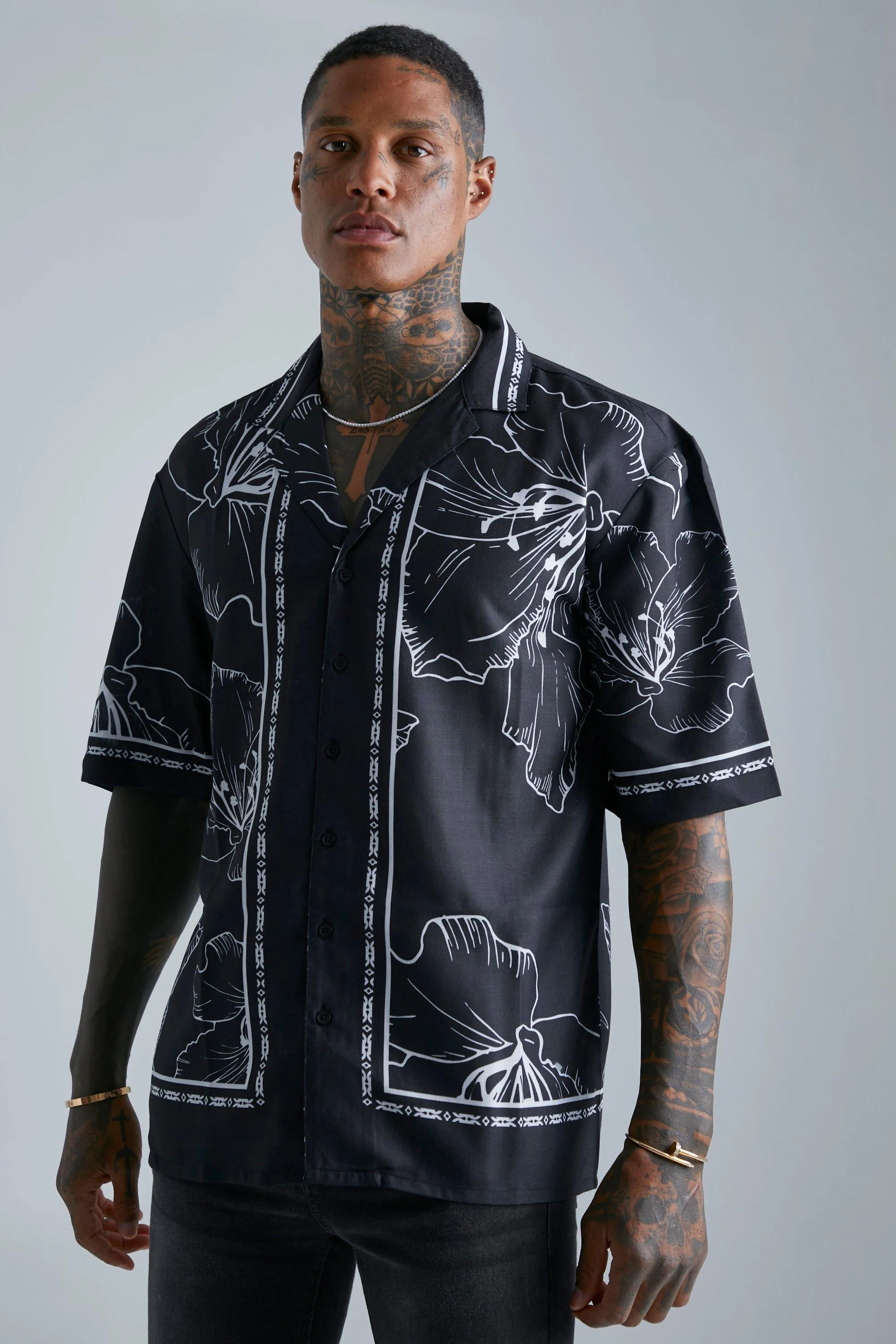 Short Sleeve Dropped Revere Floral Slub Shirt