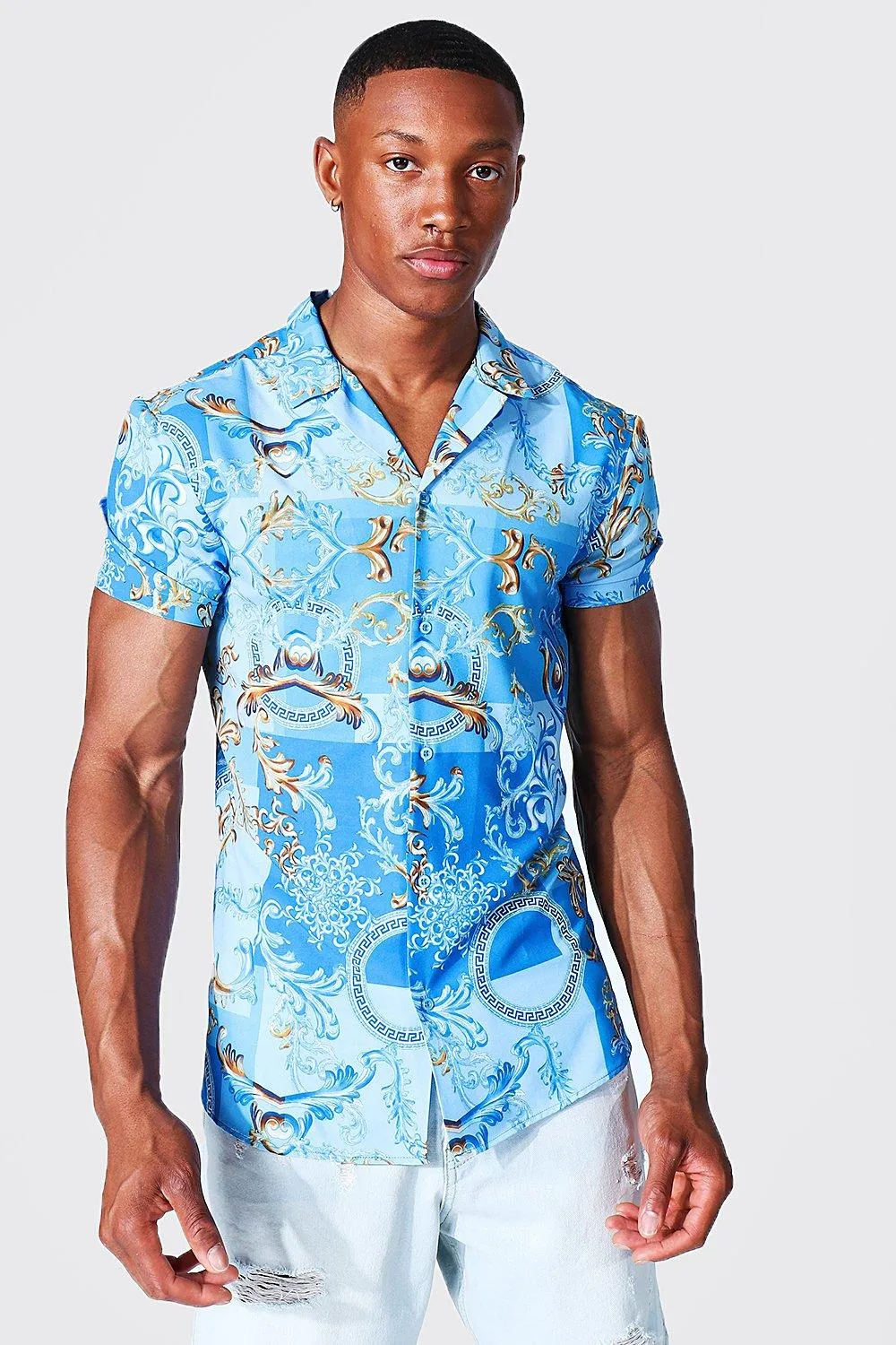 Short Sleeve Muscle Baroque Tiled Revere Shirt | boohooMAN UK