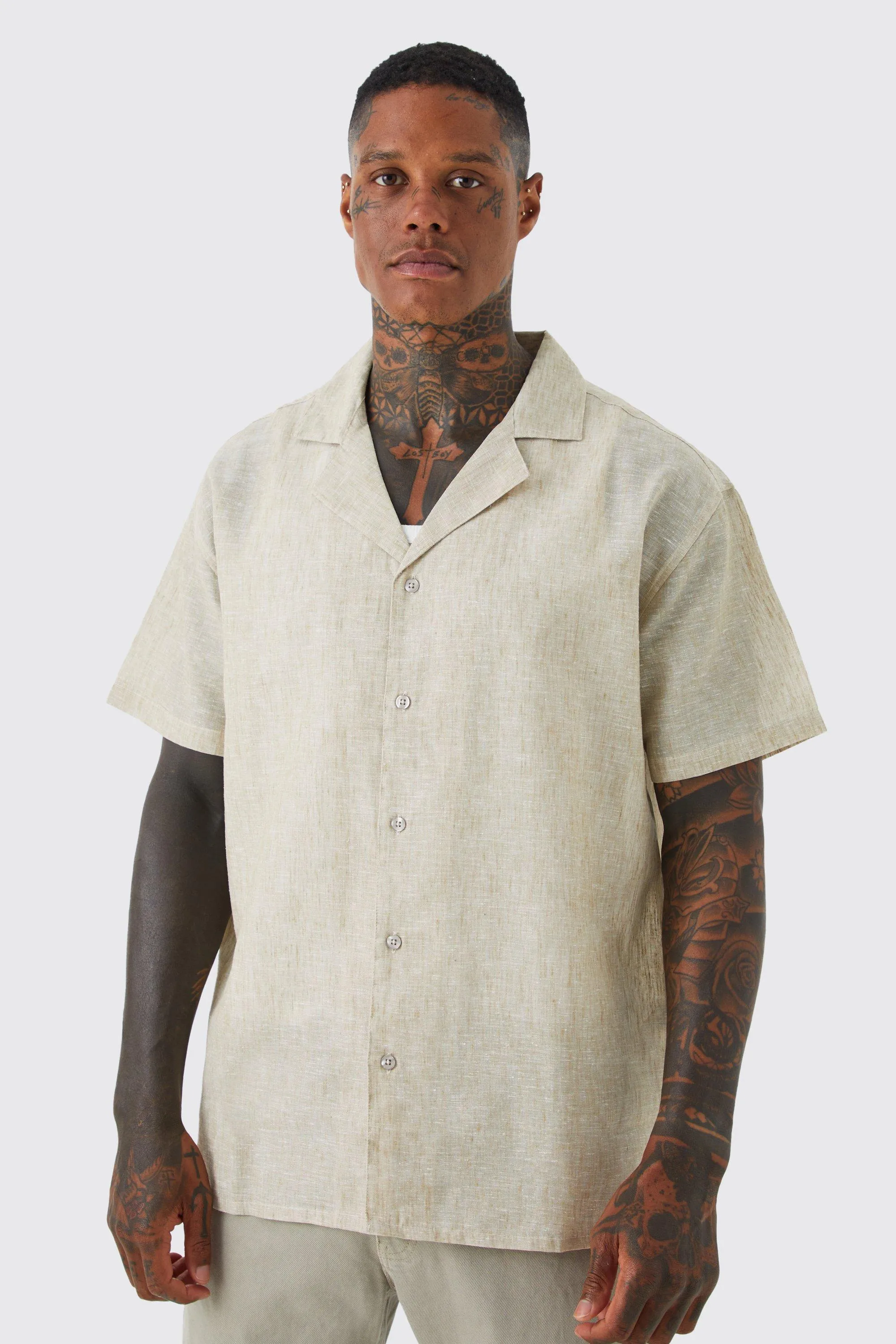 Short Sleeve Oversized Linen Look Revere Shirt | boohooMAN UK