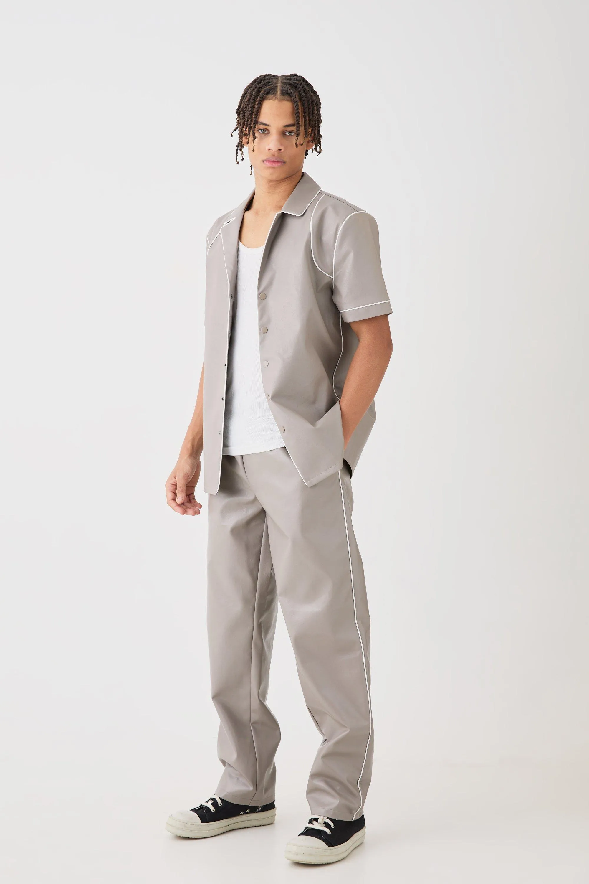 Short Sleeve Revere Piped Pu Shirt & Trouser Set | boohooMAN UK