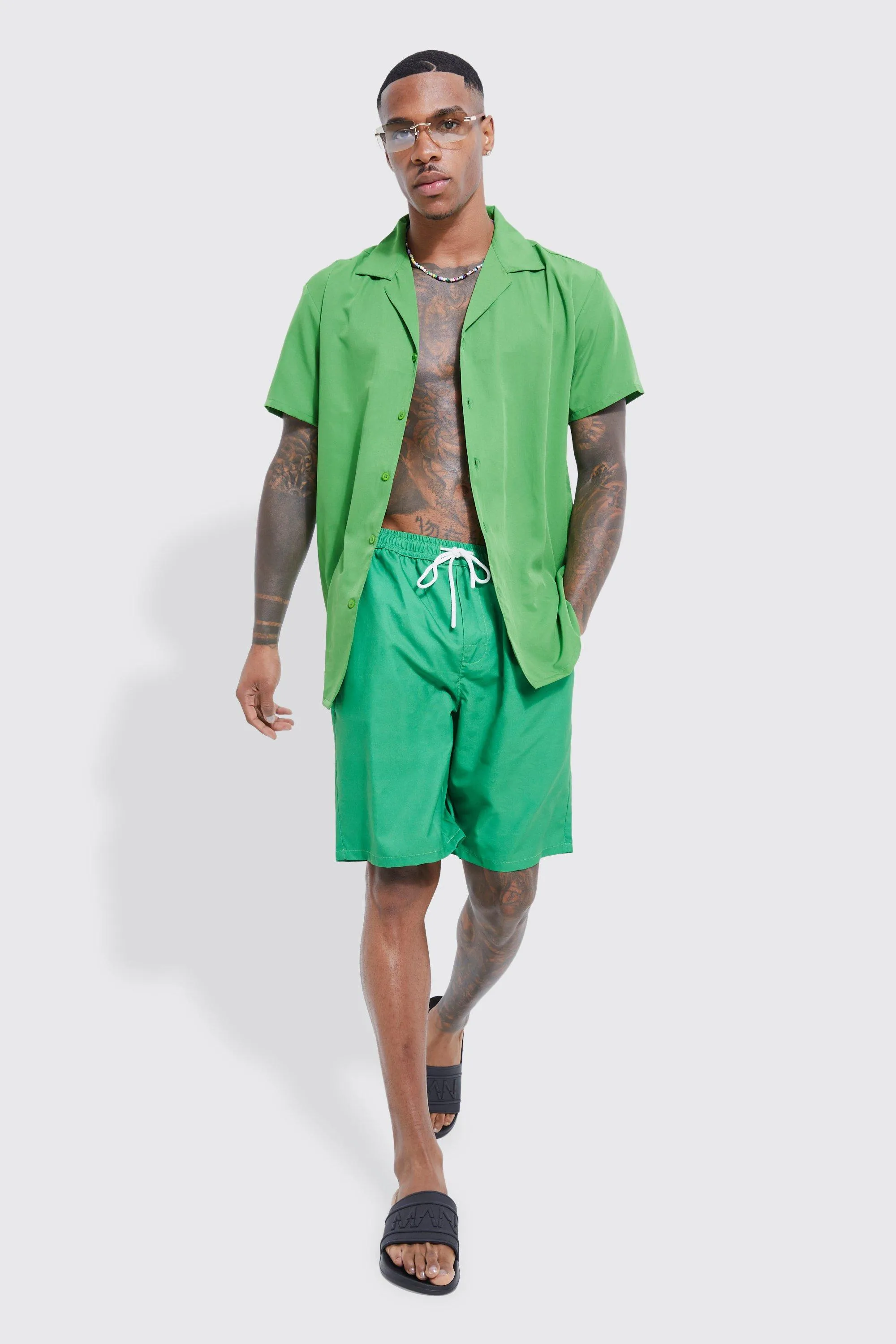 Short Sleeve Revere Plain Shirt & Short Swim Set | boohooMAN UK