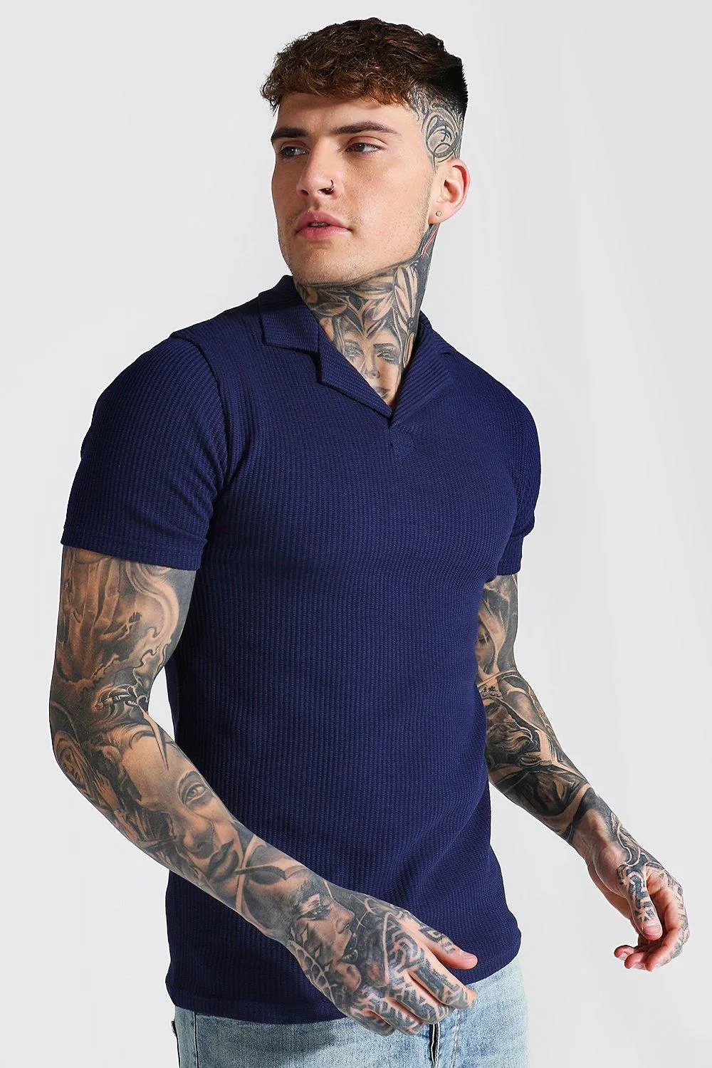 Slim Waffle Revere Polo | boohooMAN UK