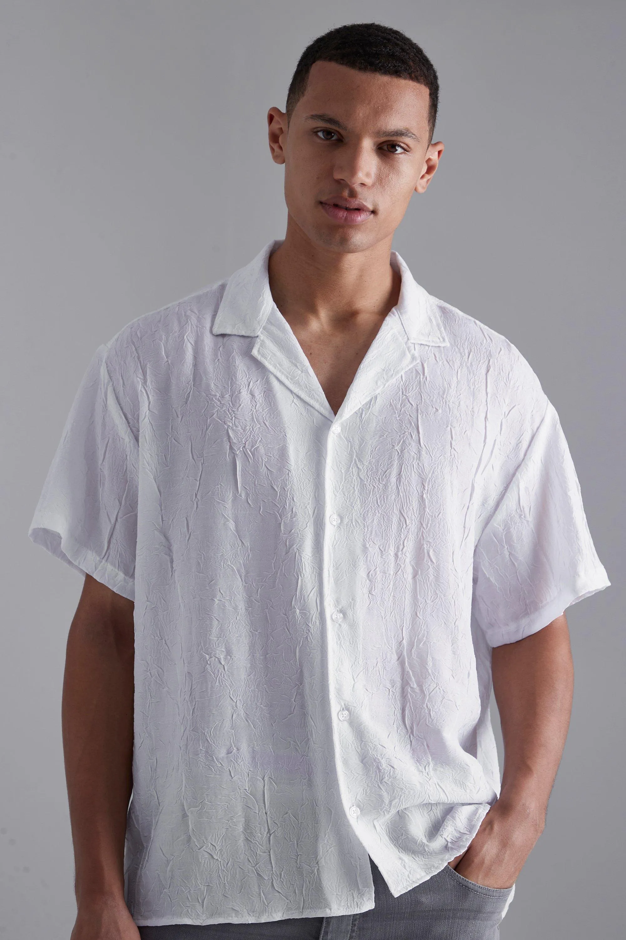 Tall Short Sleeve Boxy Revere Crinkle Shirt