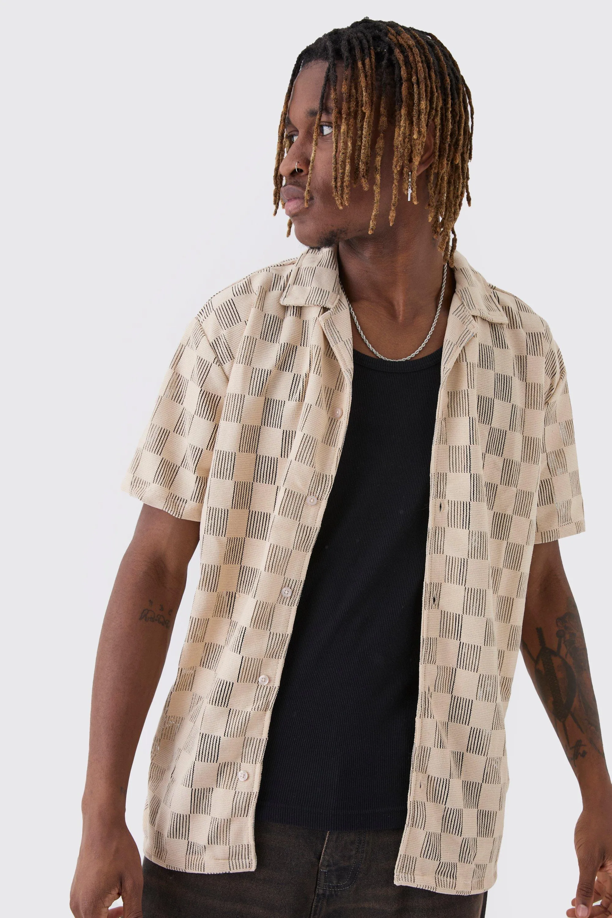 Tall Short Sleeve Oversized Revere Open Weave Shirt | boohooMAN UK